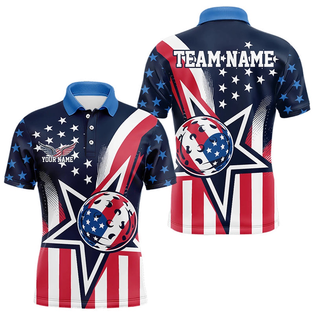 Custom US Star Pickleball Polo Shirts For Men, America Flag Patriotic Pickleball Team Polo Shirts, Pickleball Polo Shirts
