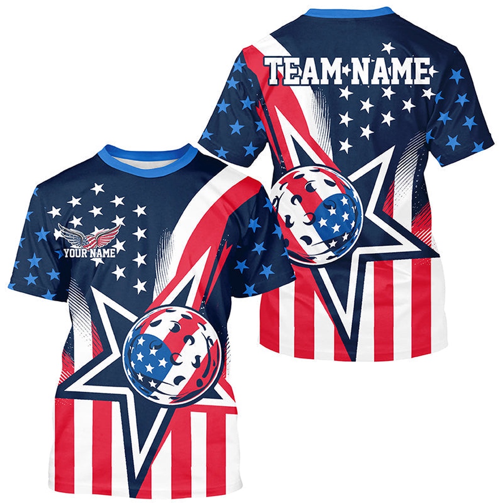 Custom US Star Pickleball T-Shirts For Men, America Flag Patriotic Pickleball Team 3D TShirts