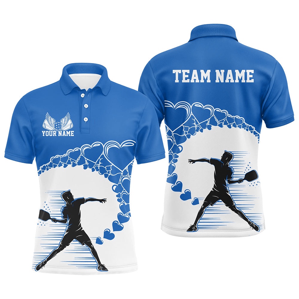 Custom Valentine Pickleball Polo Shirts For Men, Blue Heart Pickleball Couple Shirt, Pickleball Polo Shirts