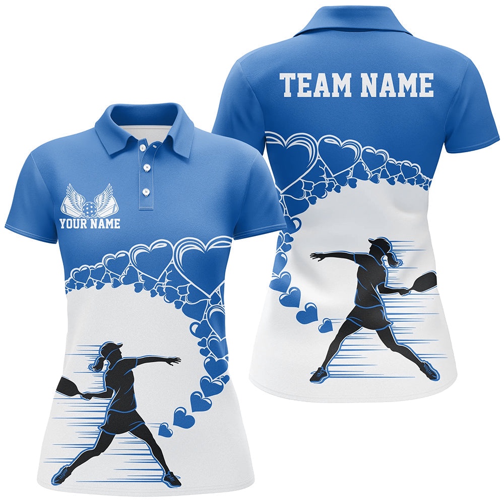 Custom Valentine Pickleball Polo Shirts For Women, Blue Heart Pickleball Couple Shirt, Pickleball Polo Shirts