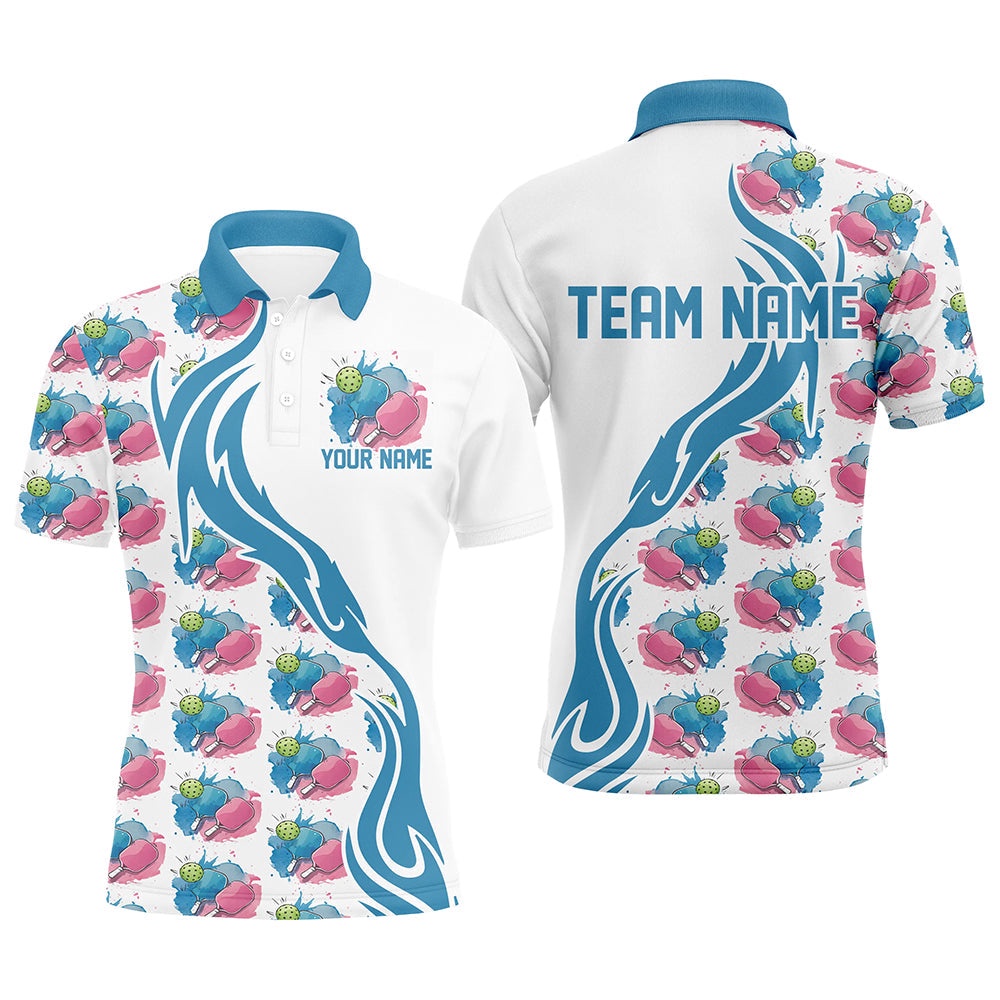 Custom Watercolor Pickleball Shirts For Men, Blue And Pink Pickleball Outfit For Team, Pickleball Polo Shirts