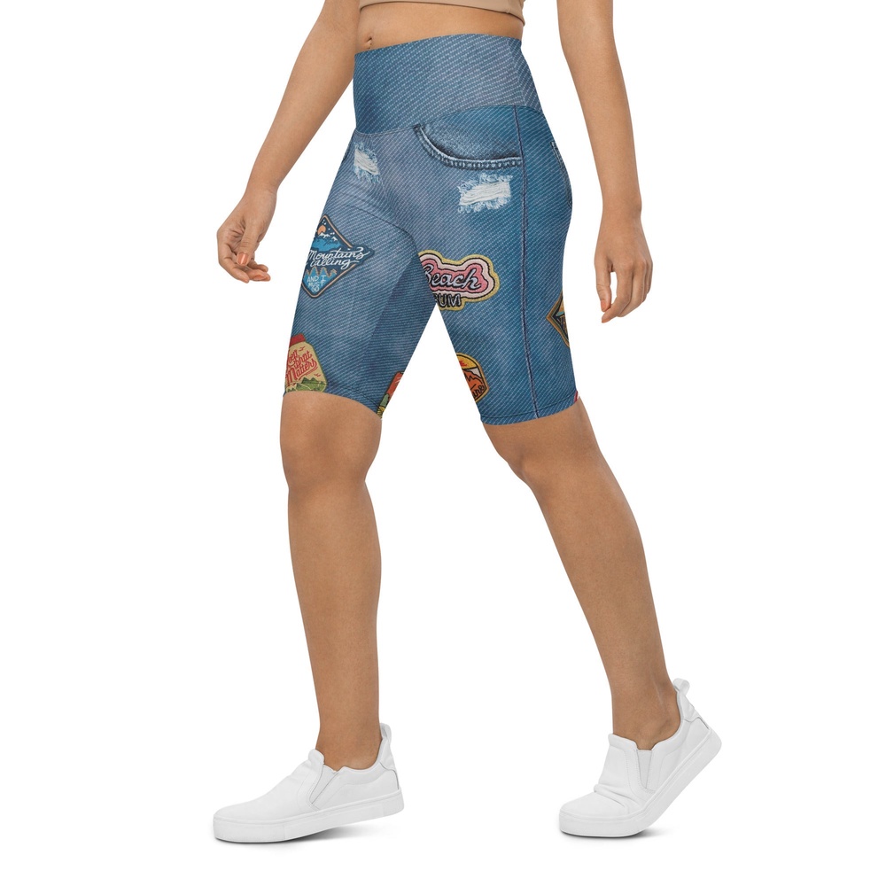 Denim Patch Print Biker Shorts, Biker Shorts For Mom, Shorts Mother’s Day, Mother Day Gift