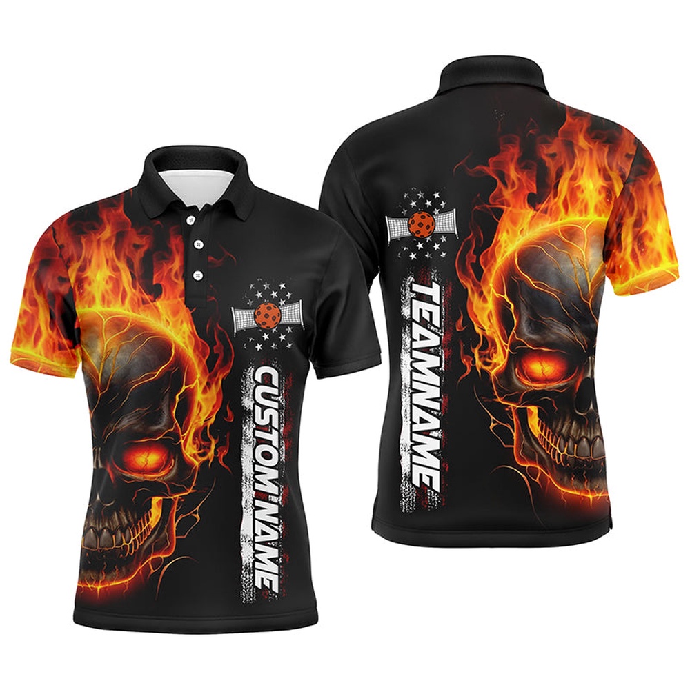 Flame Skull American Flag Custom Team Pickleball Shirts For Men, Patriotic Pickleball Polo Shirts, Pickleball Polo Shirts
