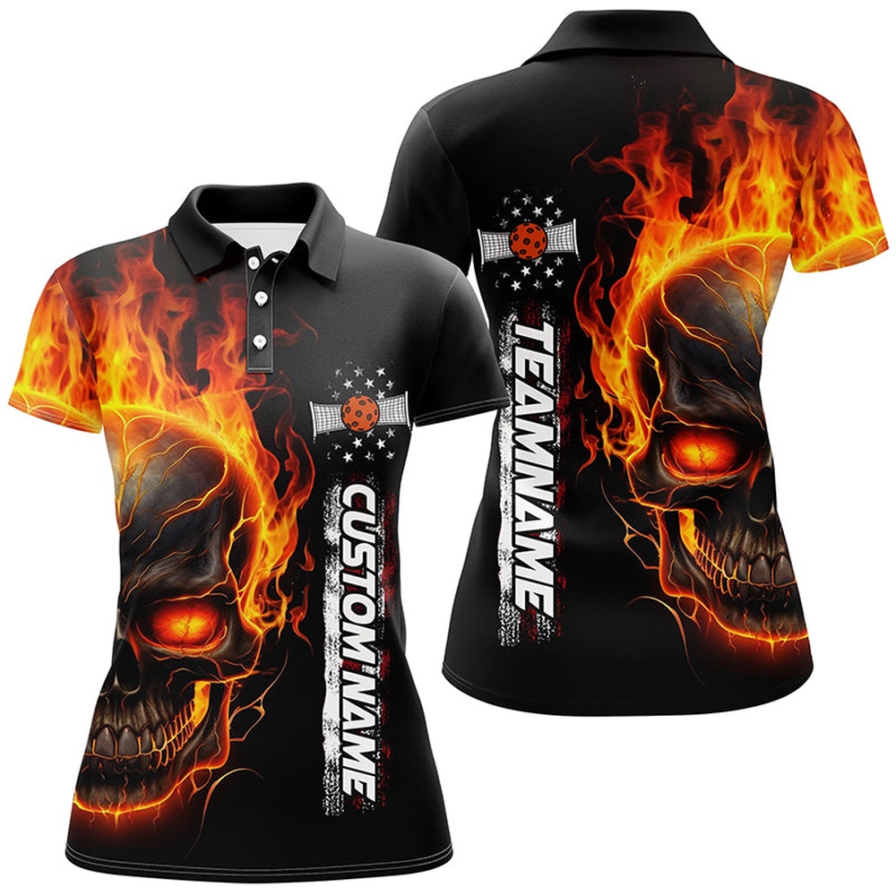 Flame Skull American Flag Custom Team Pickleball Shirts For Women, Patriotic Pickleball Polo Shirts, Pickleball Polo Shirts