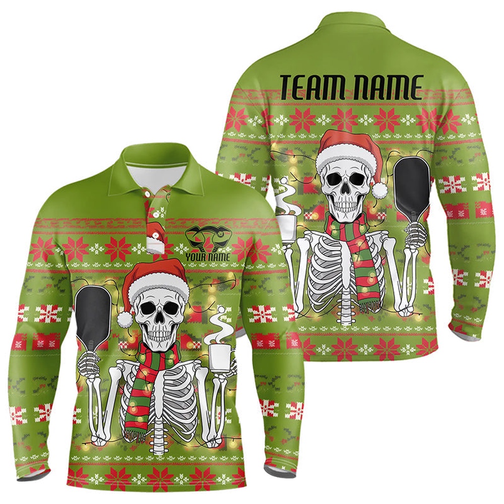 Funny Custom Ugly Sweater Pattern Skull Christmas Pickleball Long Sleeve Polo Shirts For Men, Pickleball Polo Shirts