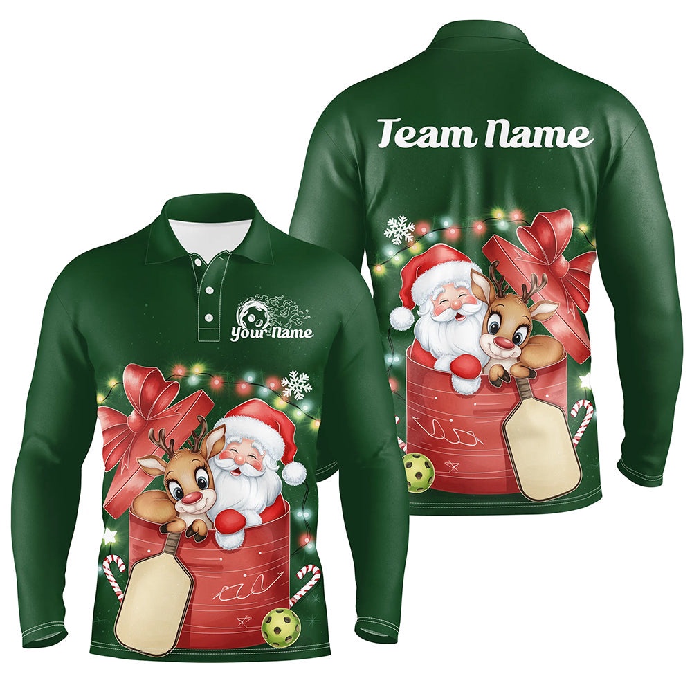 Funny Santa And Reindeer Custom Funny Pickleball Long Sleeve Polo Shirts For Men Pickleball Gifts, Pickleball Polo Shirts