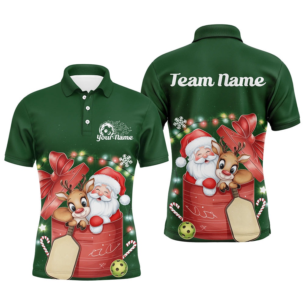 Funny Santa And Reindeer Custom Funny Pickleball Polo Shirts For Men Pickleball Gifts, Pickleball Polo Shirts