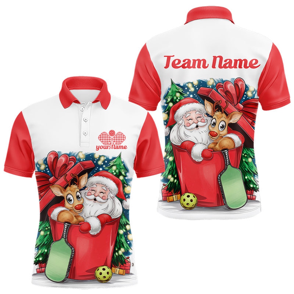 Funny Santa And Reindeer Custom Funny Pickleball Polo Shirts For Men Pickleball, Pickleball Polo Shirts