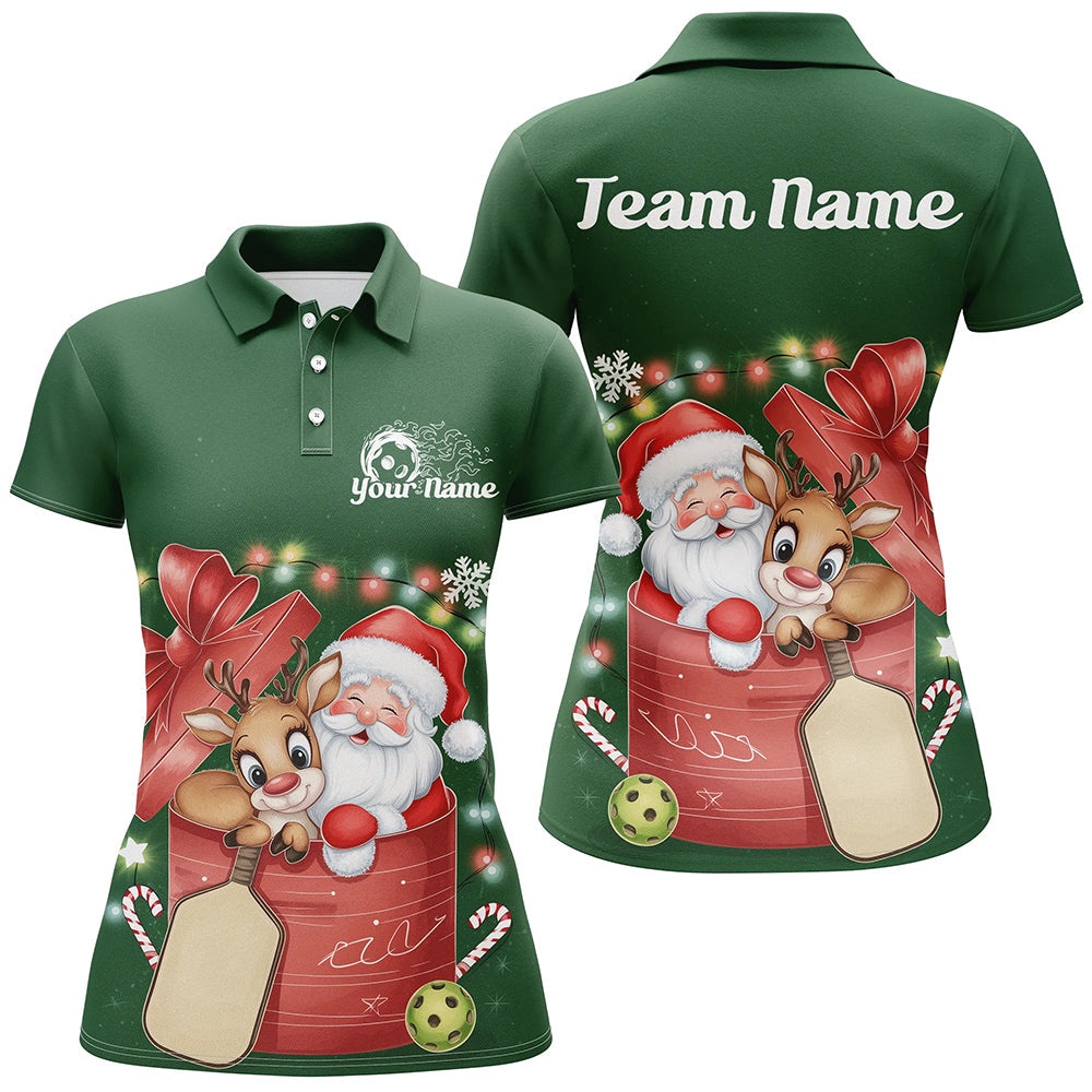 Funny Santa And Reindeer Custom Funny Pickleball Polo Shirts For Women Pickleball Gifts, Pickleball Polo Shirts