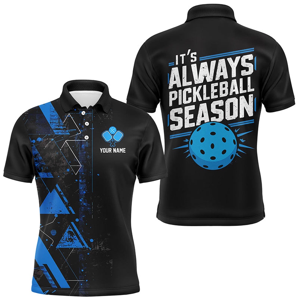 It’s Always Pickleball Season Custom Mens Pickleball Polo Shirts, Pickleball Team Uniforms Blue, Pickleball Polo Shirts