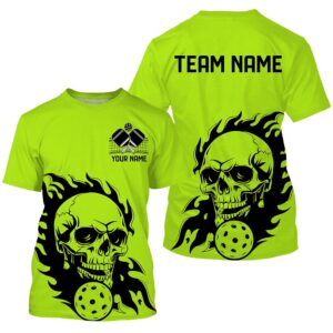 Lime Green Custom Flame Skull Pickleball T-Shirts…