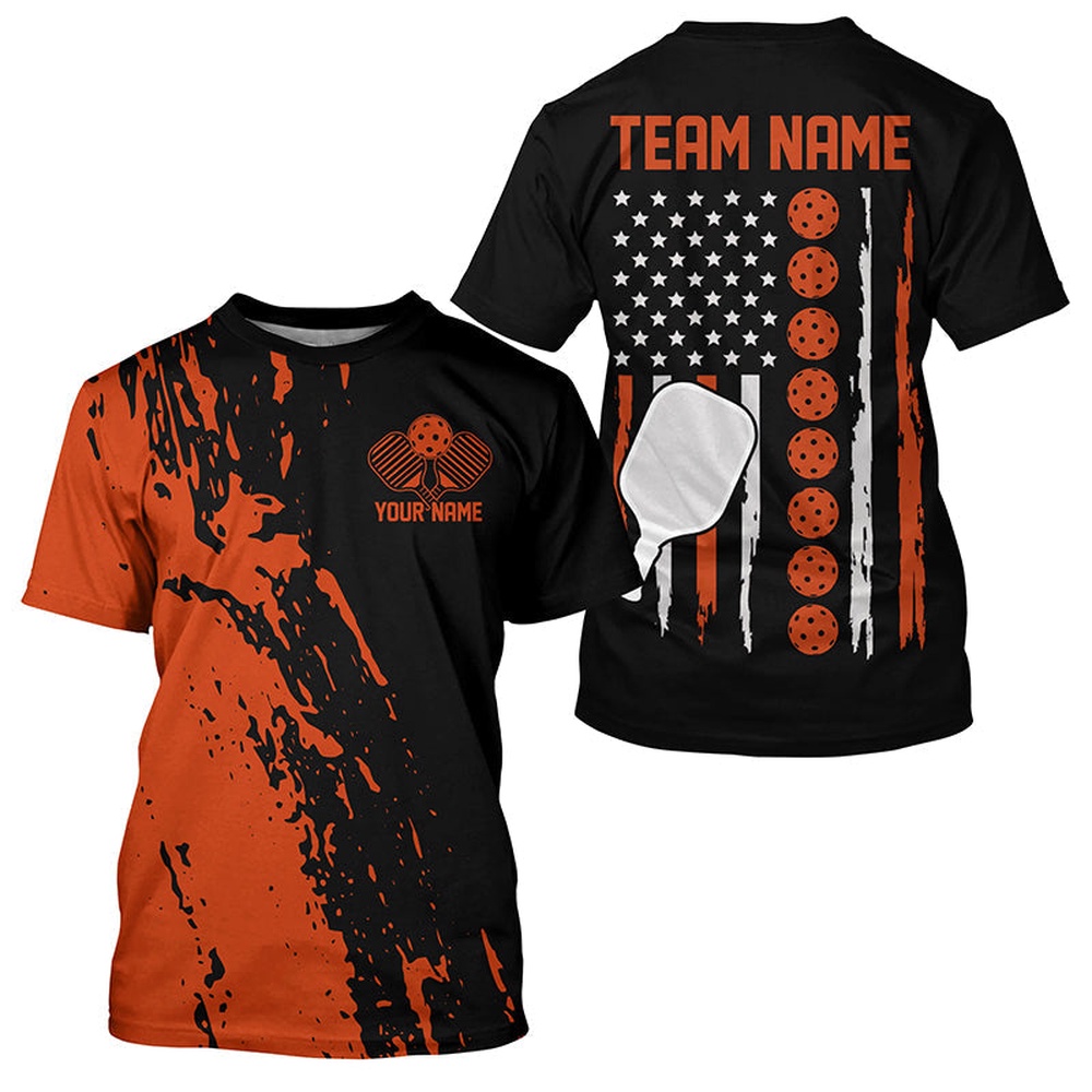 Orange Thin Line American Pickleball Flag Custom US Pickleball T-Shirts For Men, Patriotic Pickleball Shirt