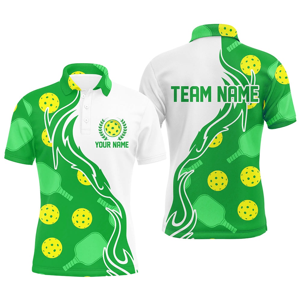 Pickleball Ball And Paddles Custom Pickleball Shirts For Men, Casual Pickleball Polo Tops Green, Pickleball Polo Shirts