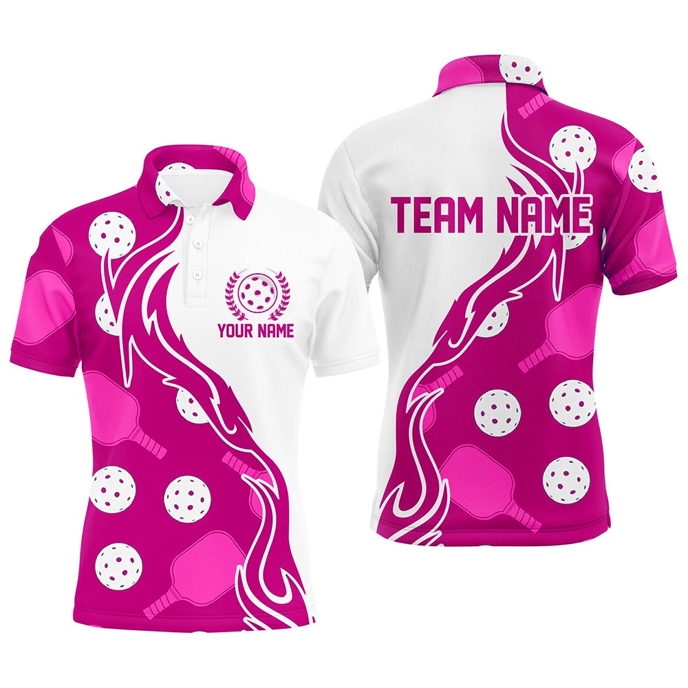 Pickleball Ball And Paddles Custom Pickleball Shirts For Men, Casual Pickleball Polo Tops Pink, Pickleball Polo Shirts