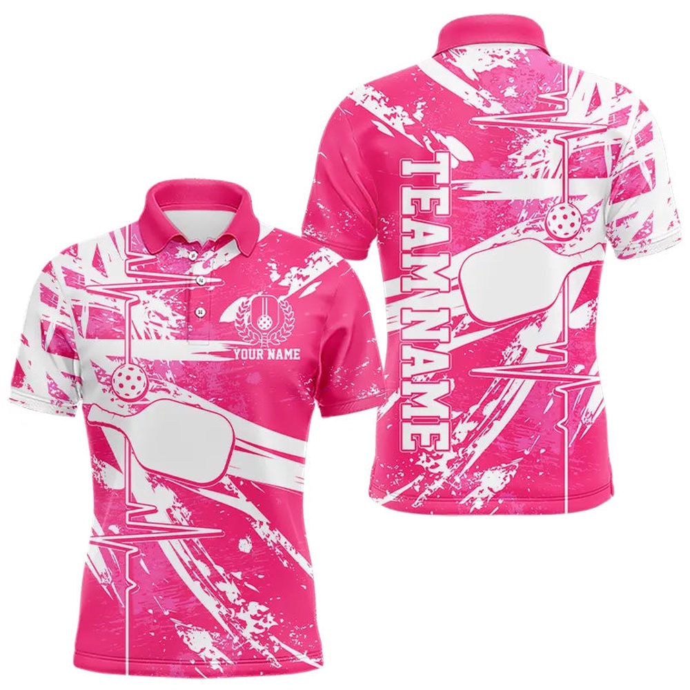 Pink And White Pickleball Heartbeat Pulse Line Custom Pickleball Team Polo Shirts For Men, Pickleball Polo Shirts