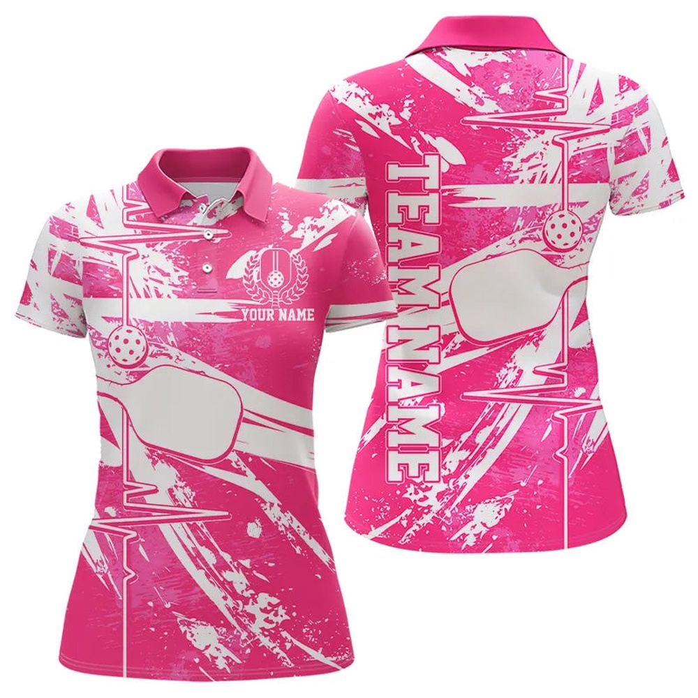 Pink And White Pickleball Heartbeat Pulse Line Custom Pickleball Team Polo Shirts For Women, Pickleball Polo Shirts