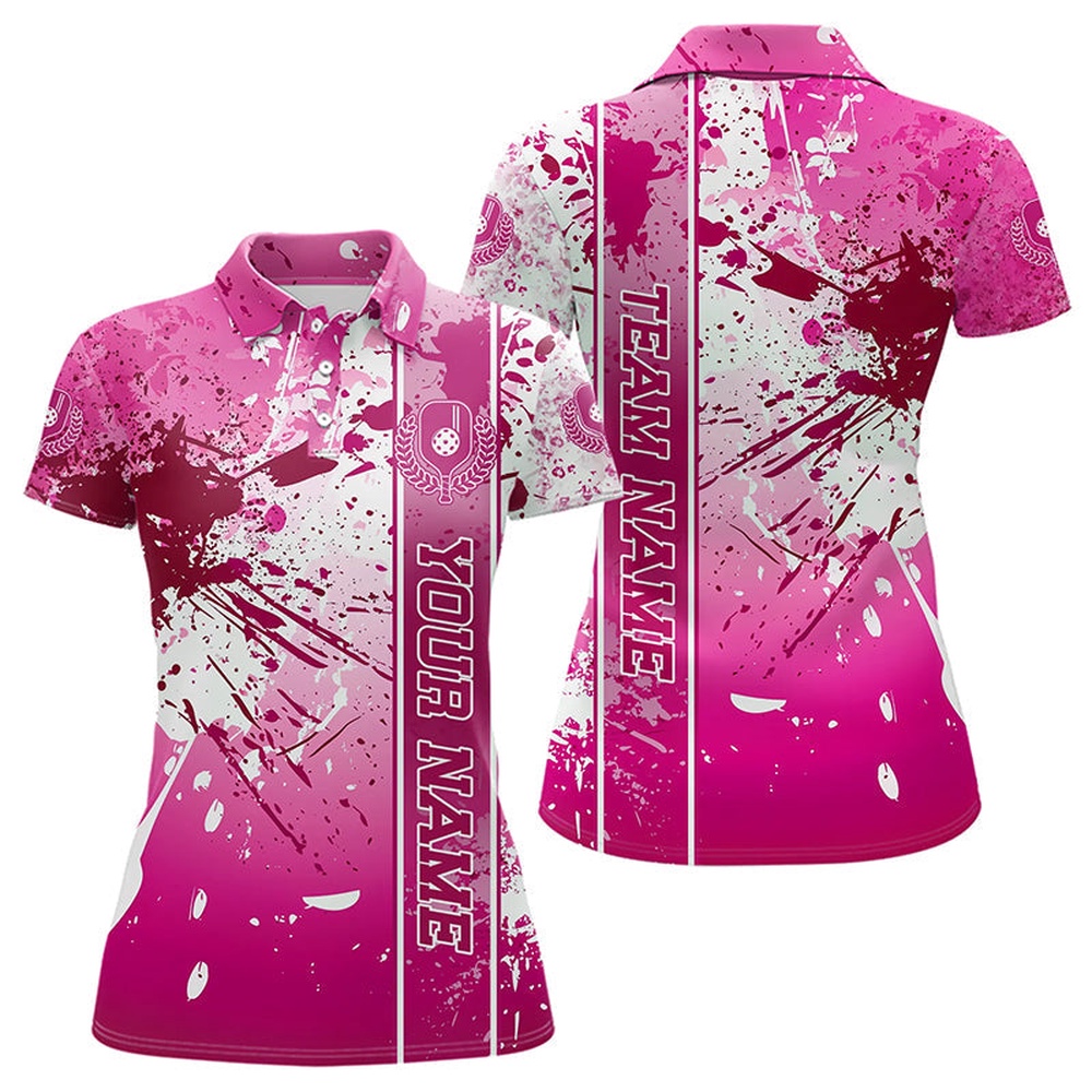 Pink And White Splatter Custom Pickleball Polo Shirts For Women, Pickleball Team Uniform, Pickleball Polo Shirts