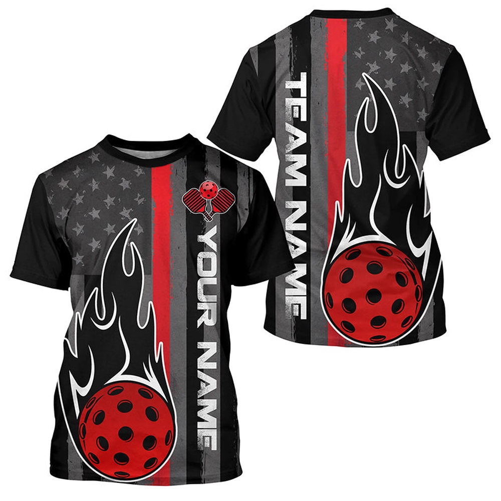 Red Thin Line American Flag Custom US Pickleball T-Shirts For Men, Patriotic Pickleball Team Uniform