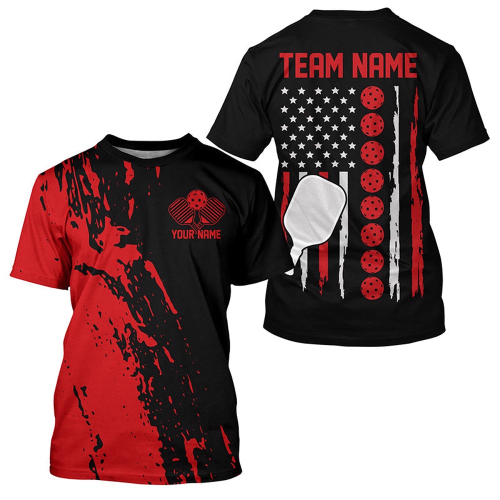 Red Thin Line American Pickleball Flag Custom US Pickleball T-Shirts For Men, Patriotic Pickleball Tournament Shirt