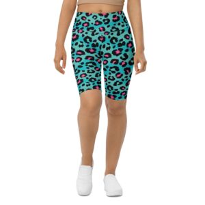 Turquoise Leopard Print Biker Shorts, Biker Shorts…