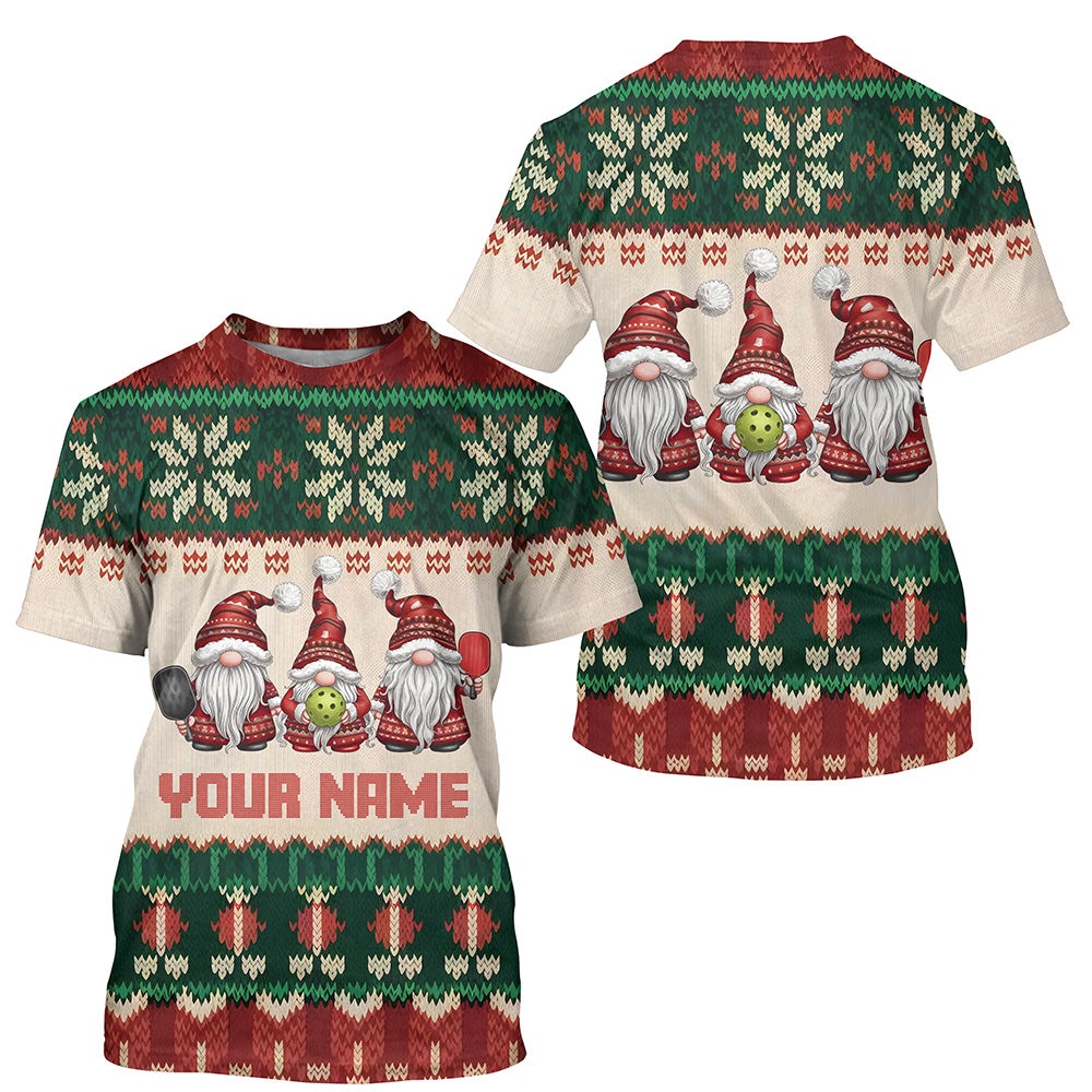 Vintage Christmas Gnomies Custom Pickleball T-Shirts For Men, Pickleball Ugly Sweater Style Shirts