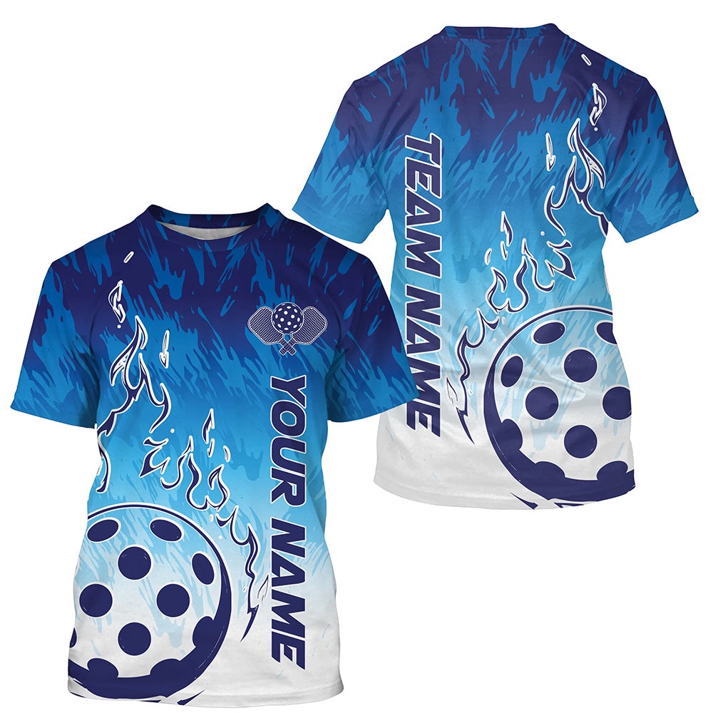 White And Blue Custom Flame Pickleball T-Shirts For Men, Pickleball Team Shirt Pickleball Apparel
