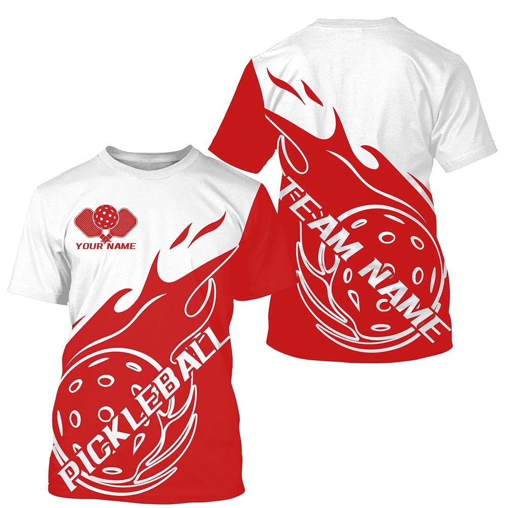 White And Red Fire Pickleball Ball Custom Flame Pickleball T-Shirts For Men, Pickleball Team Shirts Outfit