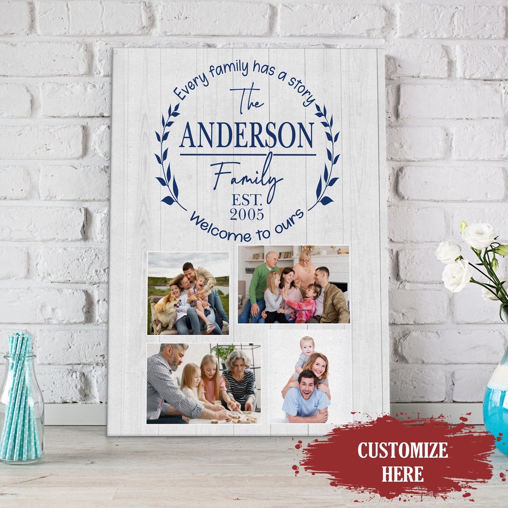 Custom Family Name & Photo Canvas Family Photo Collage Wall Art Sentimental Gift For Family On Anniversary, Wall Art Poster Canvas For Mom